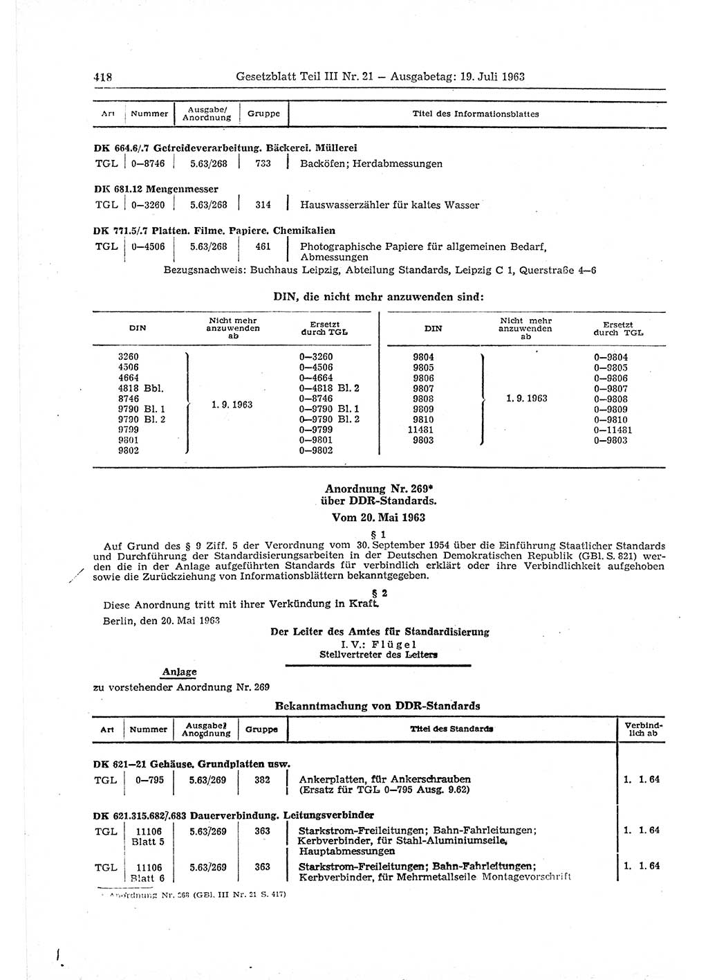 Gesetzblatt (GBl.) der Deutschen Demokratischen Republik (DDR) Teil ⅠⅠⅠ 1963, Seite 418 (GBl. DDR ⅠⅠⅠ 1963, S. 418)