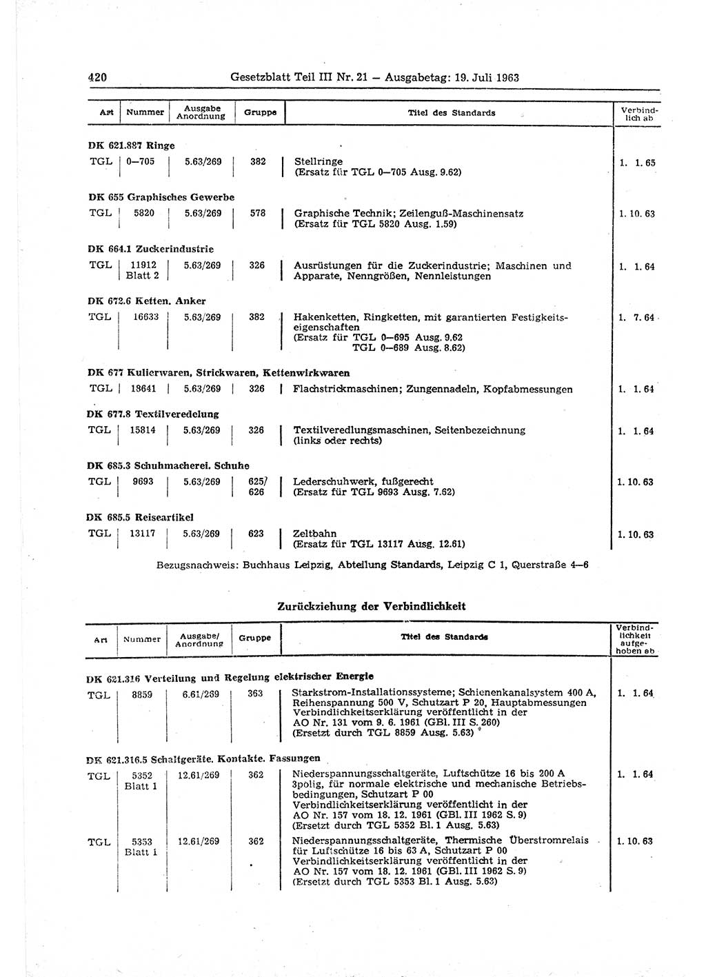 Gesetzblatt (GBl.) der Deutschen Demokratischen Republik (DDR) Teil ⅠⅠⅠ 1963, Seite 420 (GBl. DDR ⅠⅠⅠ 1963, S. 420)