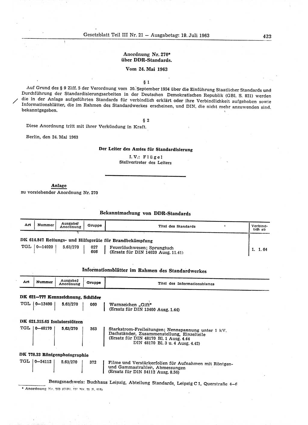 Gesetzblatt (GBl.) der Deutschen Demokratischen Republik (DDR) Teil ⅠⅠⅠ 1963, Seite 423 (GBl. DDR ⅠⅠⅠ 1963, S. 423)