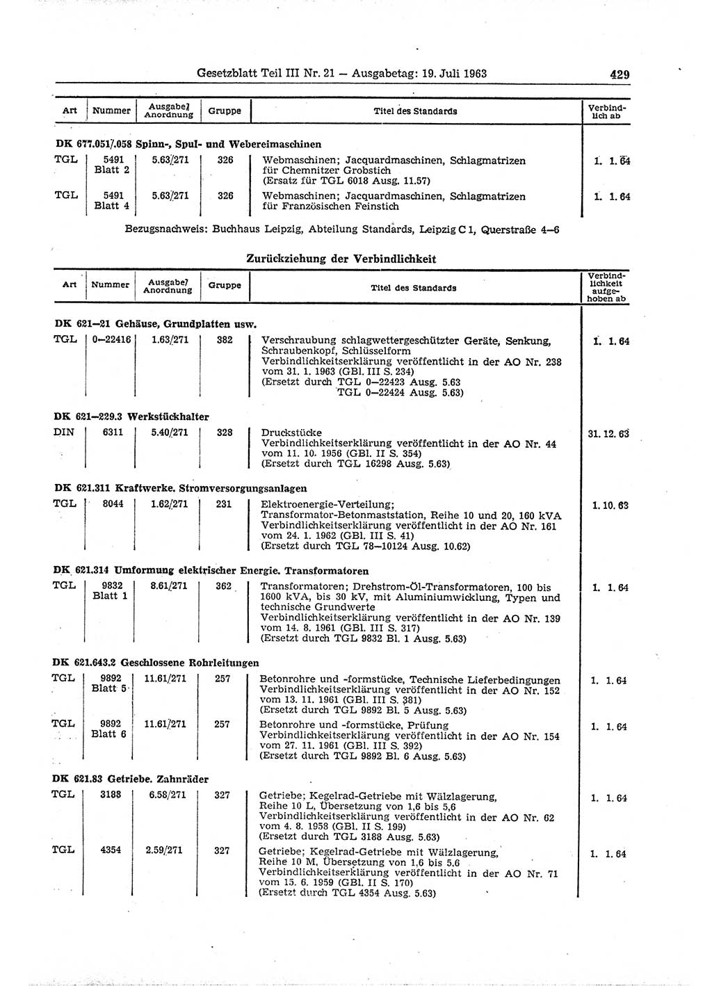 Gesetzblatt (GBl.) der Deutschen Demokratischen Republik (DDR) Teil ⅠⅠⅠ 1963, Seite 429 (GBl. DDR ⅠⅠⅠ 1963, S. 429)