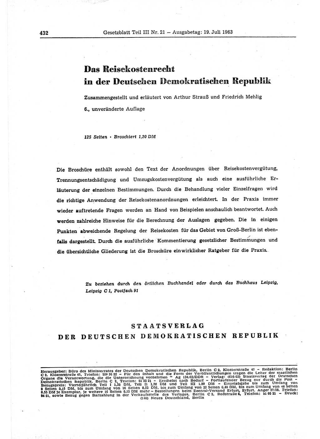 Gesetzblatt (GBl.) der Deutschen Demokratischen Republik (DDR) Teil ⅠⅠⅠ 1963, Seite 432 (GBl. DDR ⅠⅠⅠ 1963, S. 432)