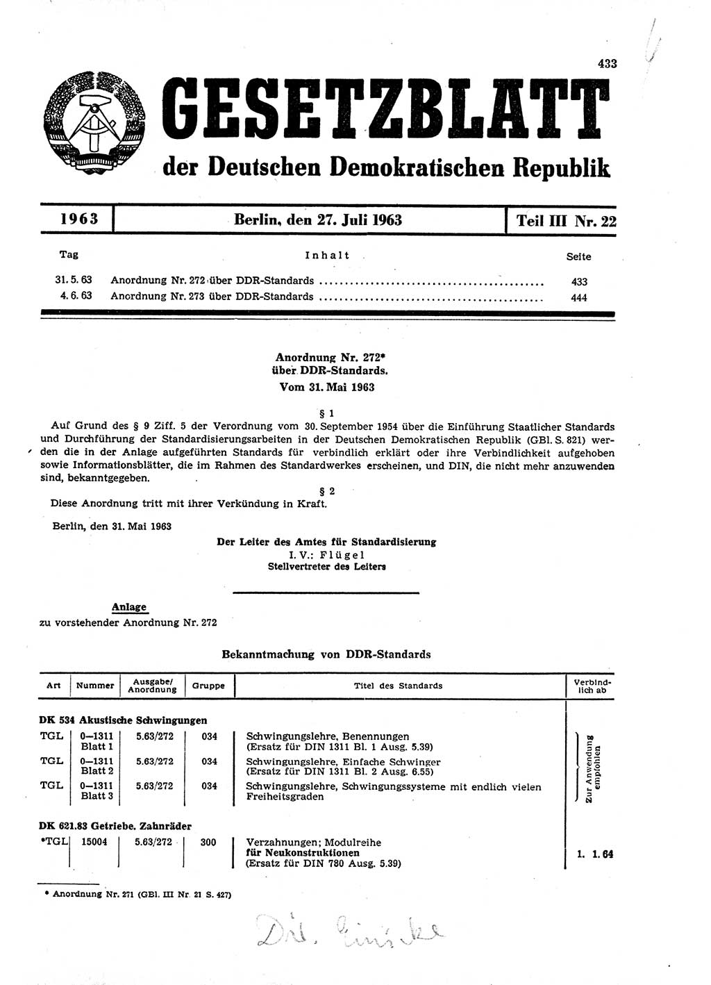 Gesetzblatt (GBl.) der Deutschen Demokratischen Republik (DDR) Teil ⅠⅠⅠ 1963, Seite 433 (GBl. DDR ⅠⅠⅠ 1963, S. 433)