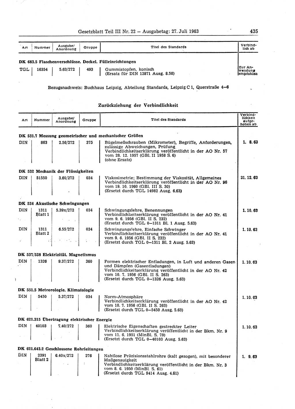 Gesetzblatt (GBl.) der Deutschen Demokratischen Republik (DDR) Teil ⅠⅠⅠ 1963, Seite 435 (GBl. DDR ⅠⅠⅠ 1963, S. 435)