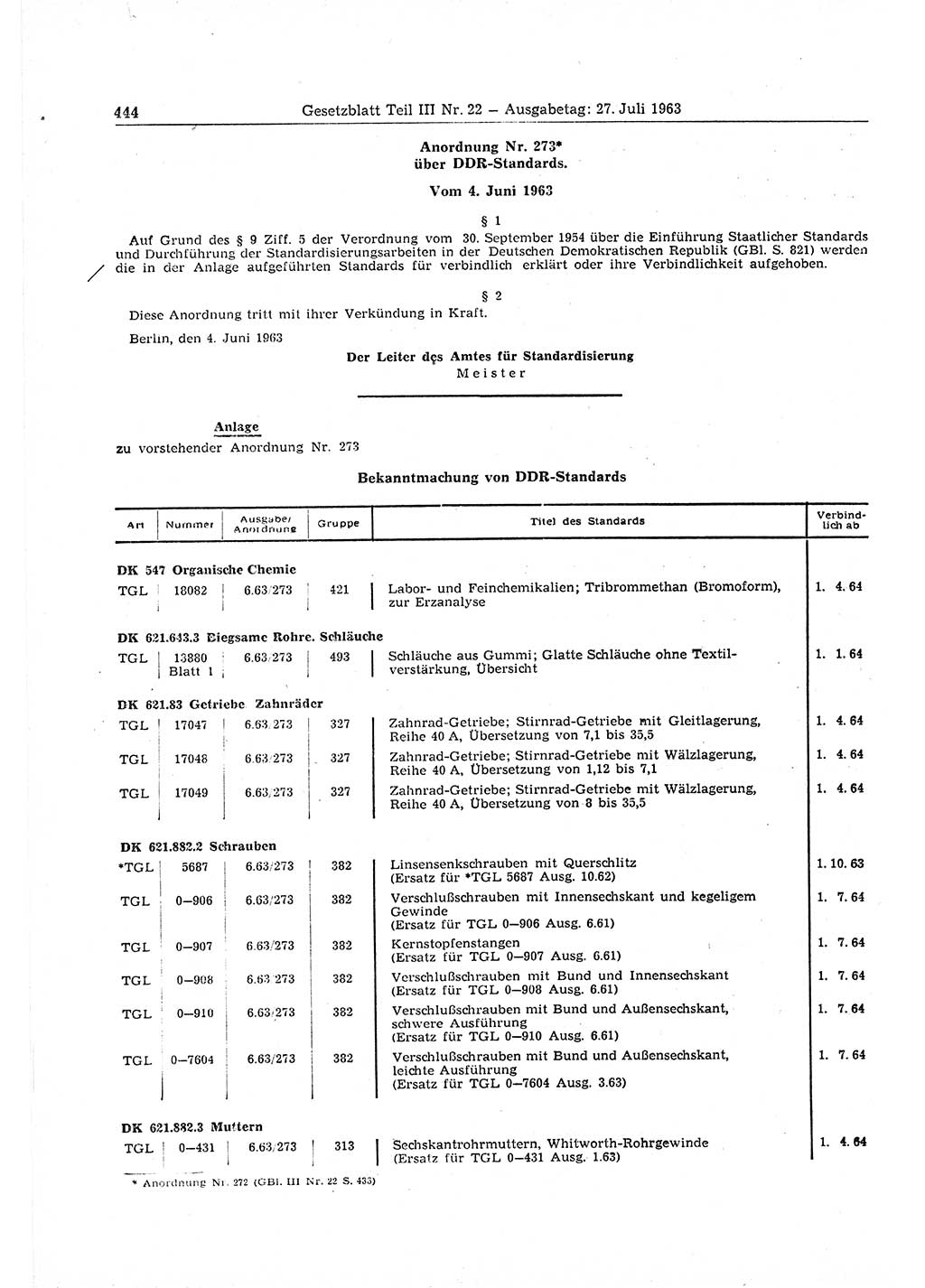 Gesetzblatt (GBl.) der Deutschen Demokratischen Republik (DDR) Teil ⅠⅠⅠ 1963, Seite 444 (GBl. DDR ⅠⅠⅠ 1963, S. 444)