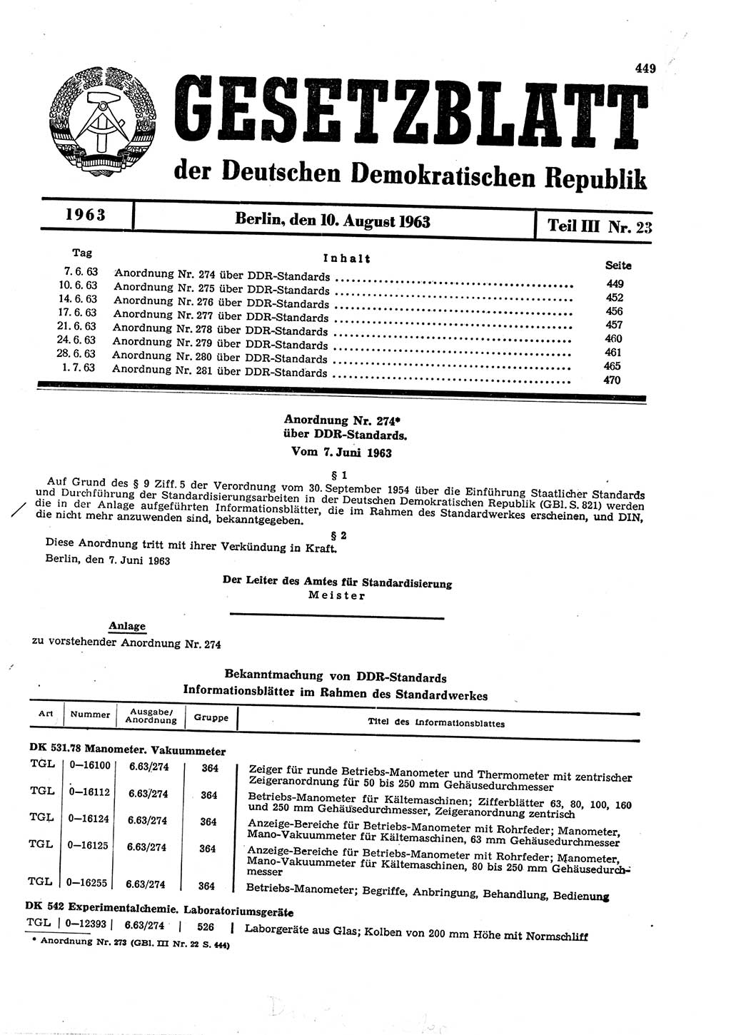 Gesetzblatt (GBl.) der Deutschen Demokratischen Republik (DDR) Teil ⅠⅠⅠ 1963, Seite 449 (GBl. DDR ⅠⅠⅠ 1963, S. 449)