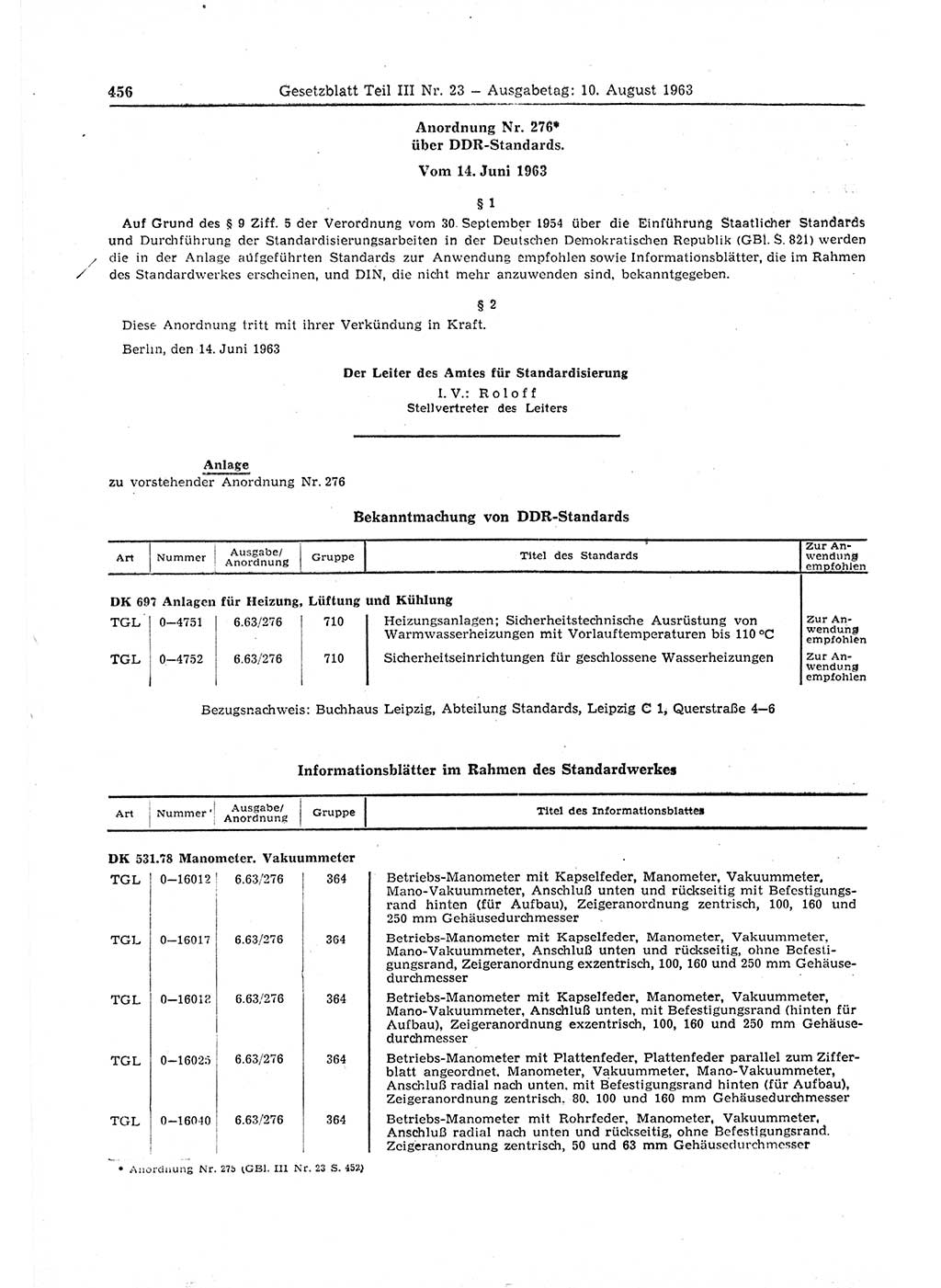 Gesetzblatt (GBl.) der Deutschen Demokratischen Republik (DDR) Teil ⅠⅠⅠ 1963, Seite 456 (GBl. DDR ⅠⅠⅠ 1963, S. 456)