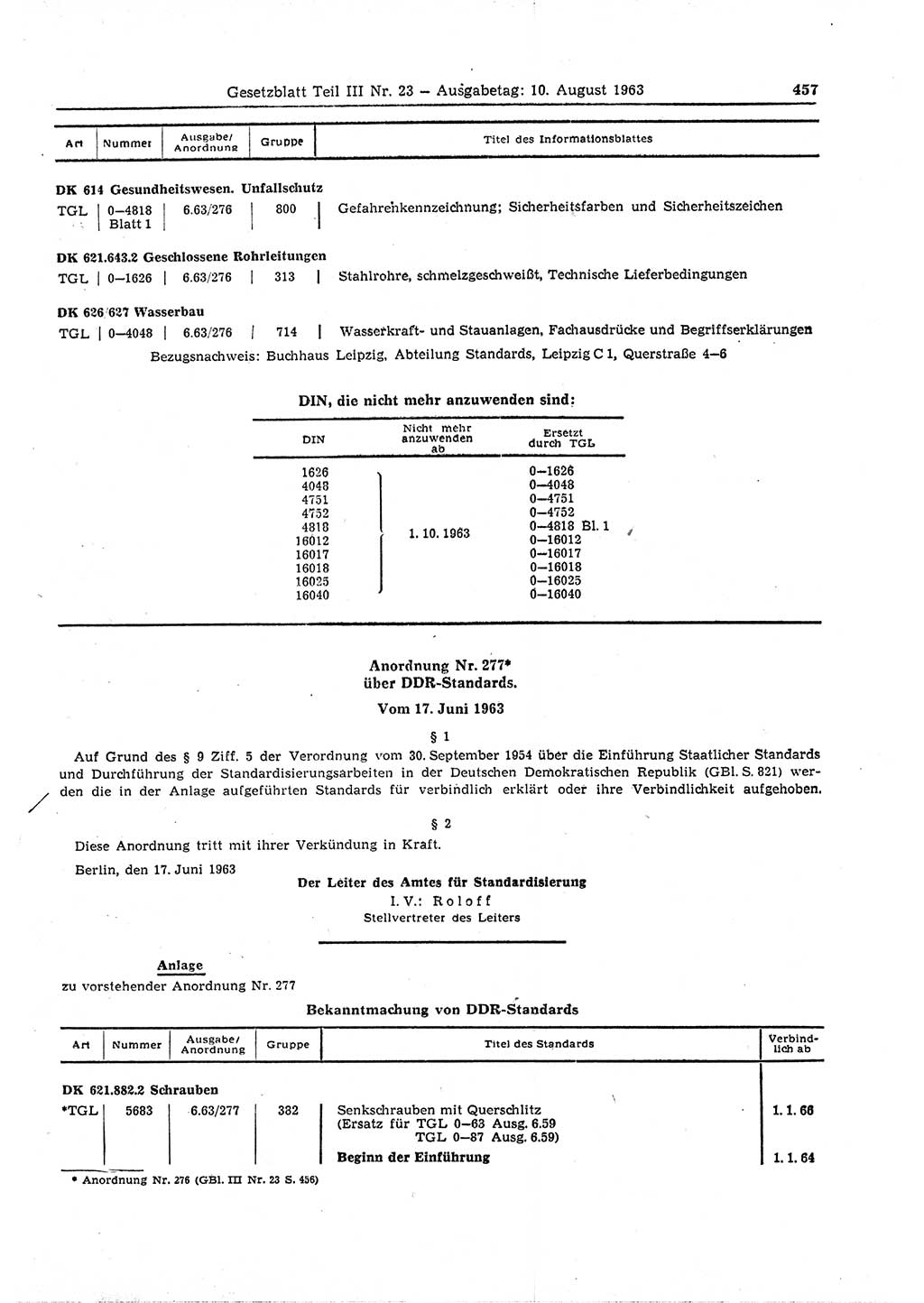 Gesetzblatt (GBl.) der Deutschen Demokratischen Republik (DDR) Teil ⅠⅠⅠ 1963, Seite 457 (GBl. DDR ⅠⅠⅠ 1963, S. 457)