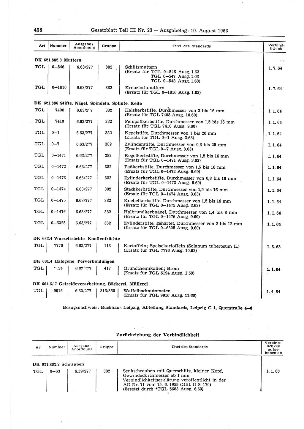 Gesetzblatt (GBl.) der Deutschen Demokratischen Republik (DDR) Teil ⅠⅠⅠ 1963, Seite 458 (GBl. DDR ⅠⅠⅠ 1963, S. 458)