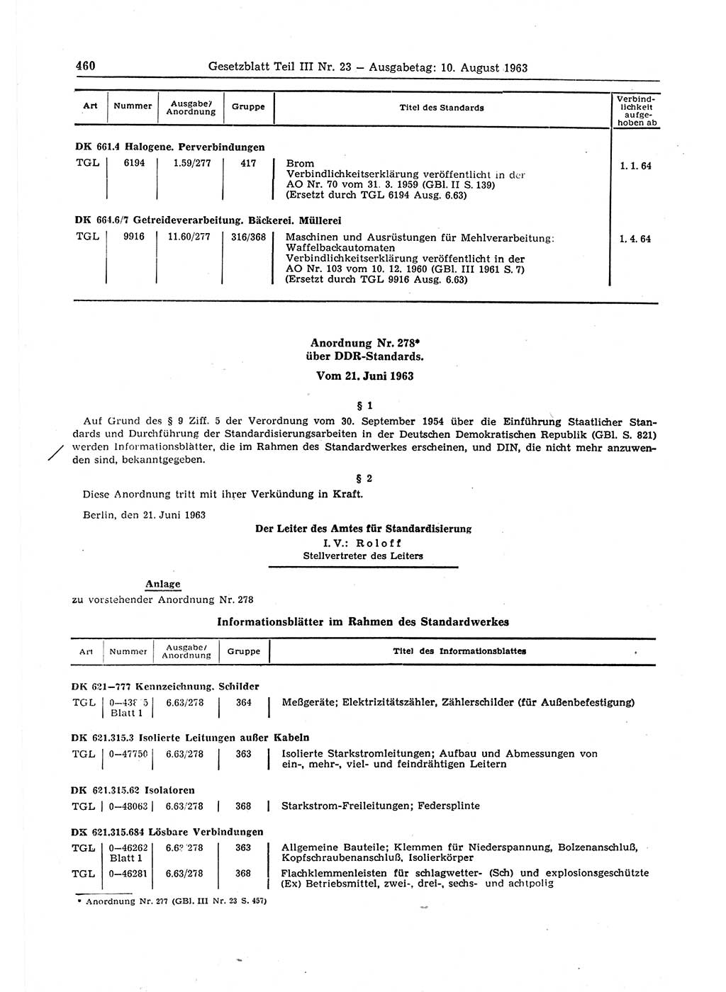 Gesetzblatt (GBl.) der Deutschen Demokratischen Republik (DDR) Teil ⅠⅠⅠ 1963, Seite 460 (GBl. DDR ⅠⅠⅠ 1963, S. 460)