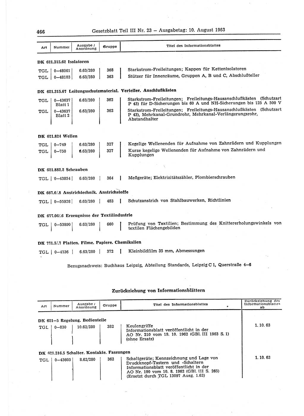 Gesetzblatt (GBl.) der Deutschen Demokratischen Republik (DDR) Teil ⅠⅠⅠ 1963, Seite 466 (GBl. DDR ⅠⅠⅠ 1963, S. 466)