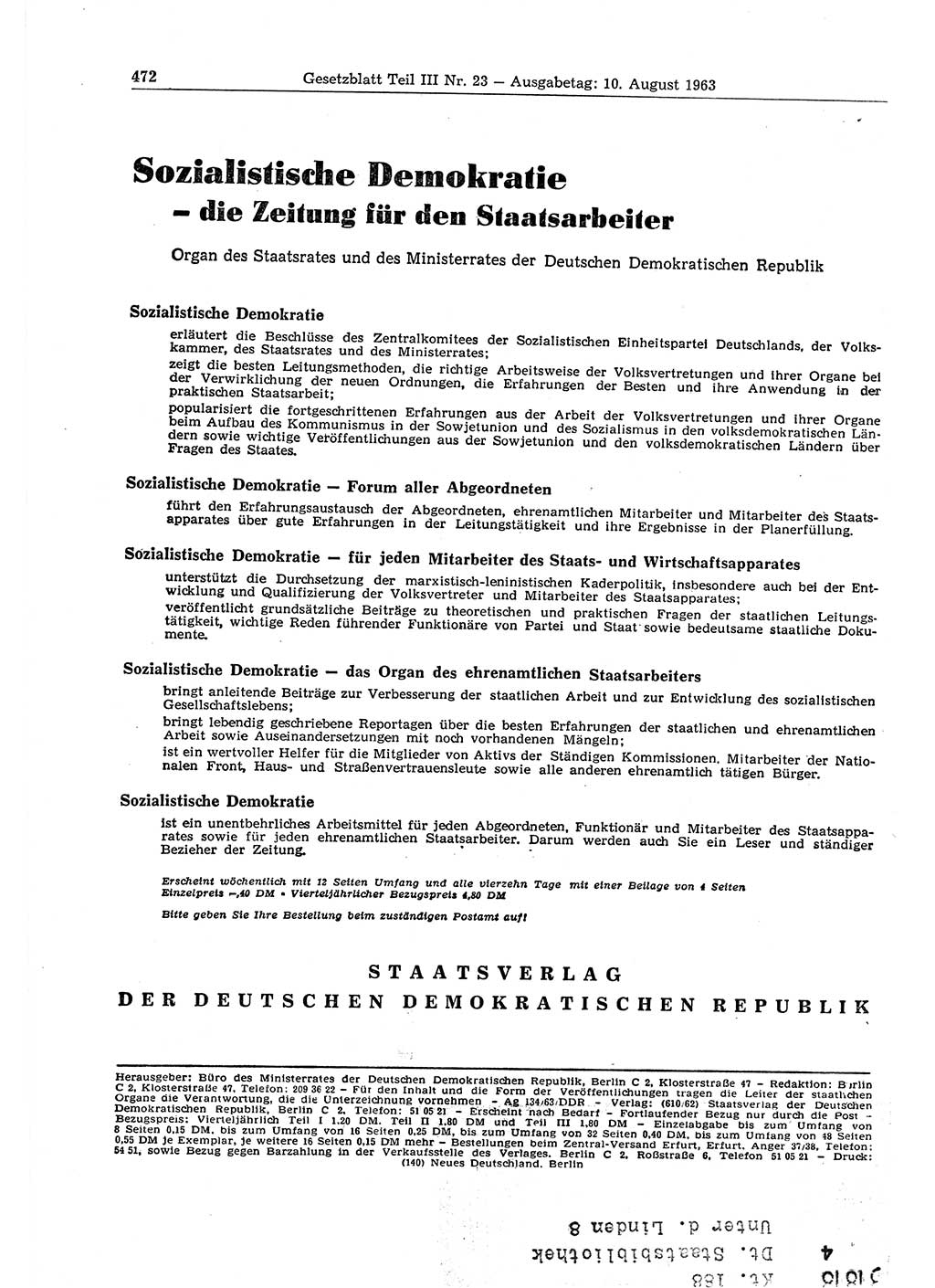Gesetzblatt (GBl.) der Deutschen Demokratischen Republik (DDR) Teil ⅠⅠⅠ 1963, Seite 472 (GBl. DDR ⅠⅠⅠ 1963, S. 472)