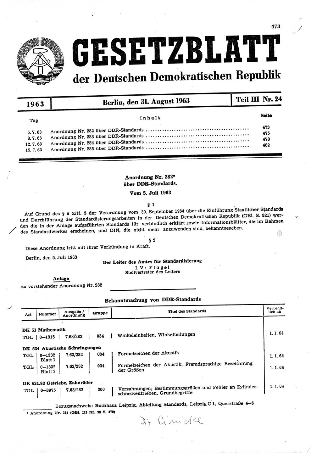 Gesetzblatt (GBl.) der Deutschen Demokratischen Republik (DDR) Teil ⅠⅠⅠ 1963, Seite 473 (GBl. DDR ⅠⅠⅠ 1963, S. 473)
