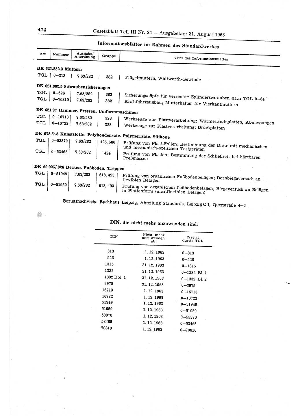 Gesetzblatt (GBl.) der Deutschen Demokratischen Republik (DDR) Teil ⅠⅠⅠ 1963, Seite 474 (GBl. DDR ⅠⅠⅠ 1963, S. 474)