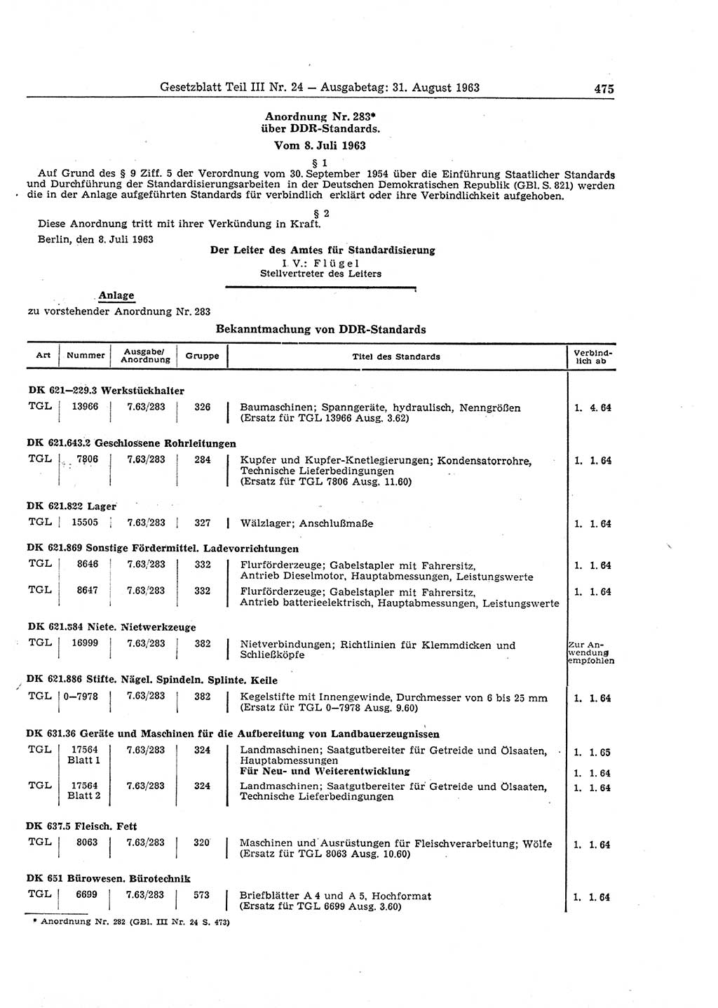 Gesetzblatt (GBl.) der Deutschen Demokratischen Republik (DDR) Teil ⅠⅠⅠ 1963, Seite 475 (GBl. DDR ⅠⅠⅠ 1963, S. 475)