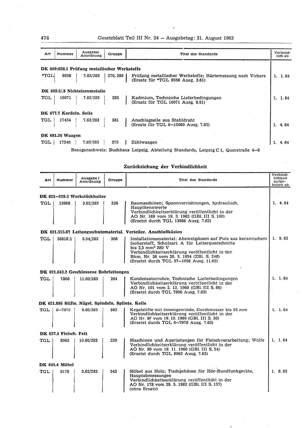 Gesetzblatt (GBl.) der Deutschen Demokratischen Republik (DDR) Teil ⅠⅠⅠ 1963, Seite 476 (GBl. DDR ⅠⅠⅠ 1963, S. 476)