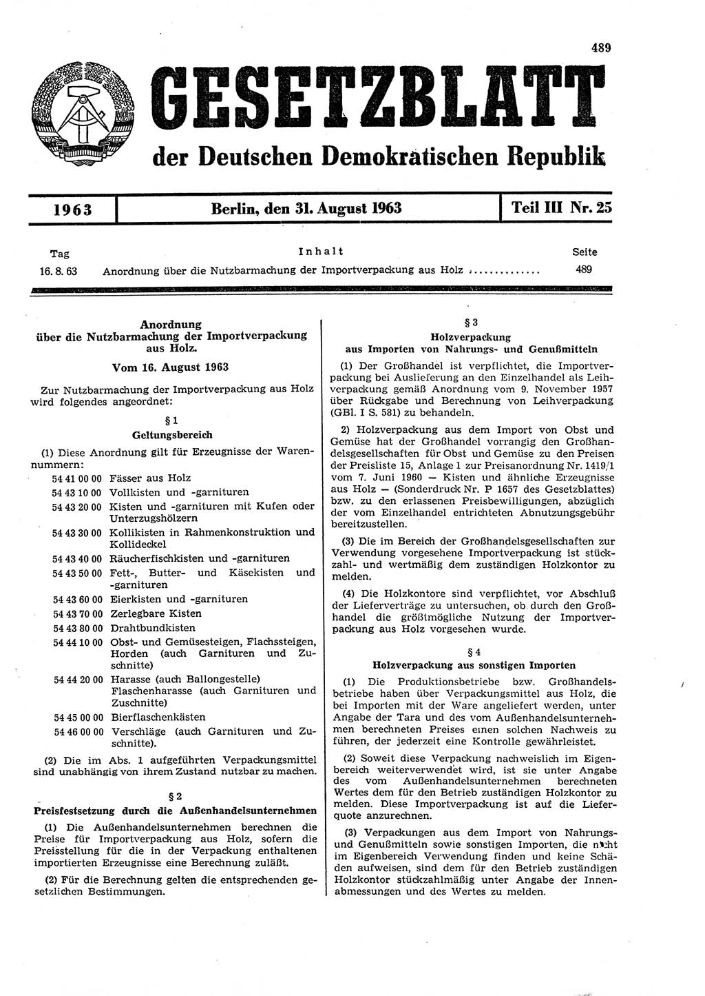 Gesetzblatt (GBl.) der Deutschen Demokratischen Republik (DDR) Teil ⅠⅠⅠ 1963, Seite 489 (GBl. DDR ⅠⅠⅠ 1963, S. 489)