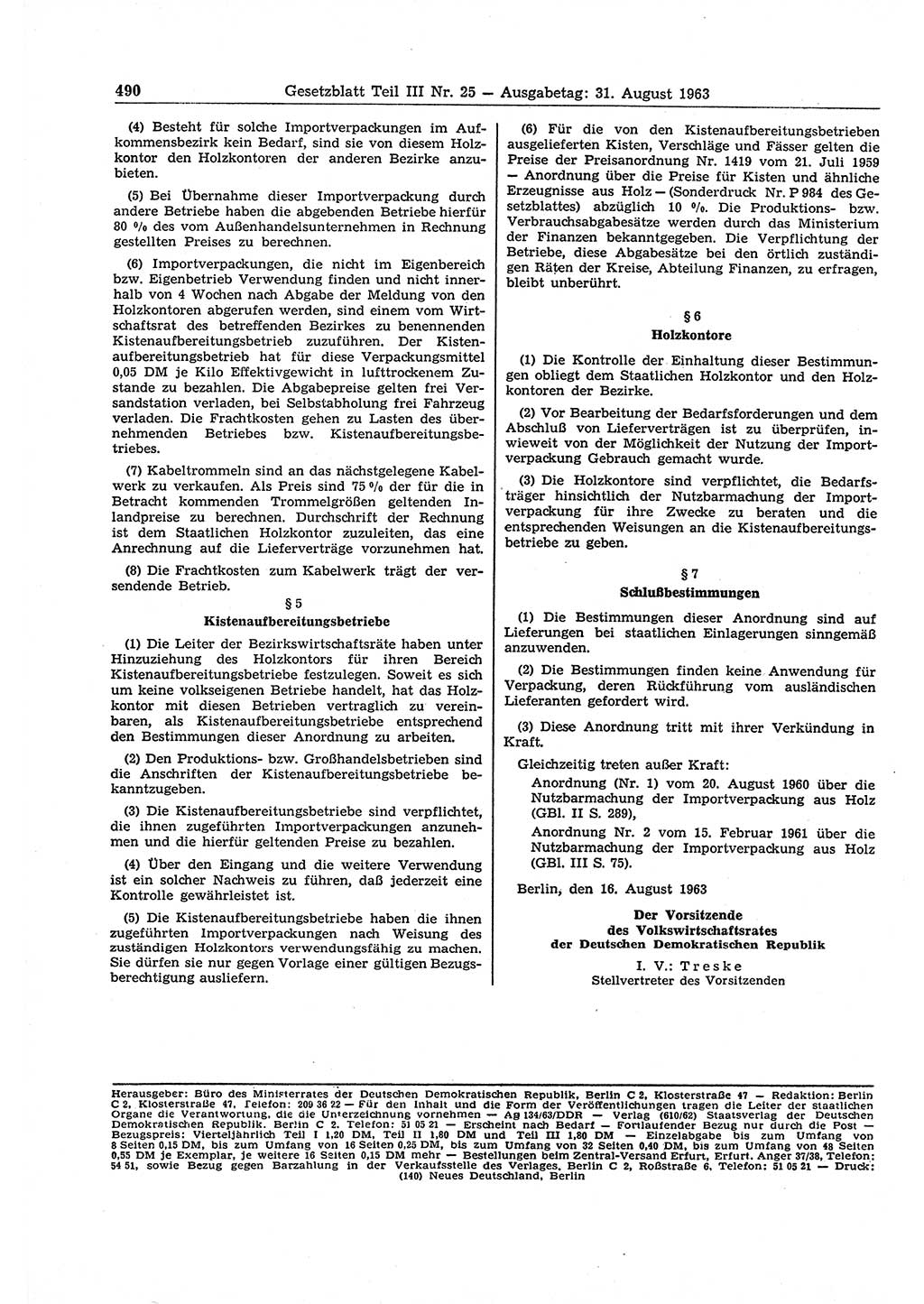 Gesetzblatt (GBl.) der Deutschen Demokratischen Republik (DDR) Teil ⅠⅠⅠ 1963, Seite 490 (GBl. DDR ⅠⅠⅠ 1963, S. 490)