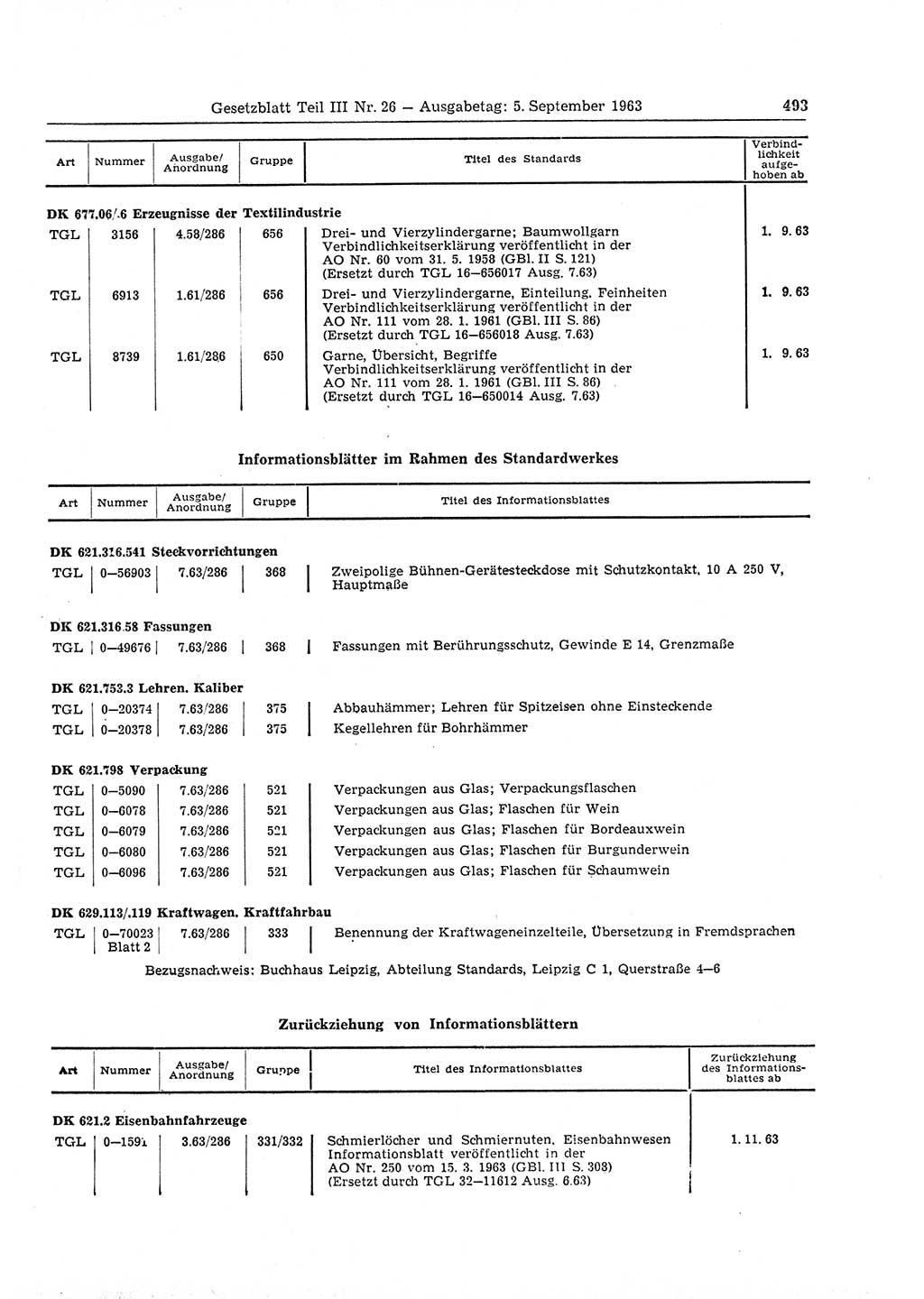 Gesetzblatt (GBl.) der Deutschen Demokratischen Republik (DDR) Teil ⅠⅠⅠ 1963, Seite 493 (GBl. DDR ⅠⅠⅠ 1963, S. 493)