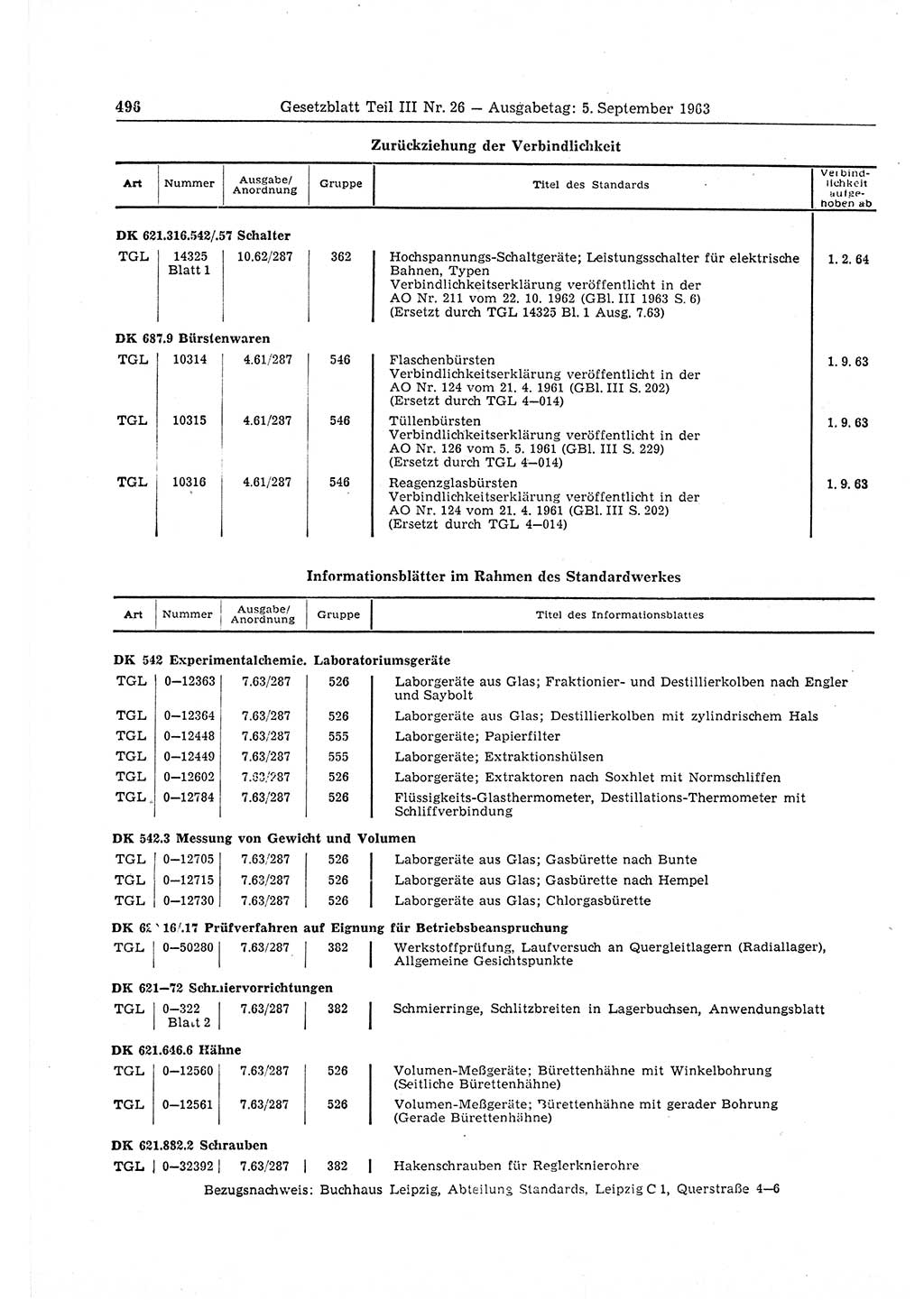 Gesetzblatt (GBl.) der Deutschen Demokratischen Republik (DDR) Teil ⅠⅠⅠ 1963, Seite 496 (GBl. DDR ⅠⅠⅠ 1963, S. 496)
