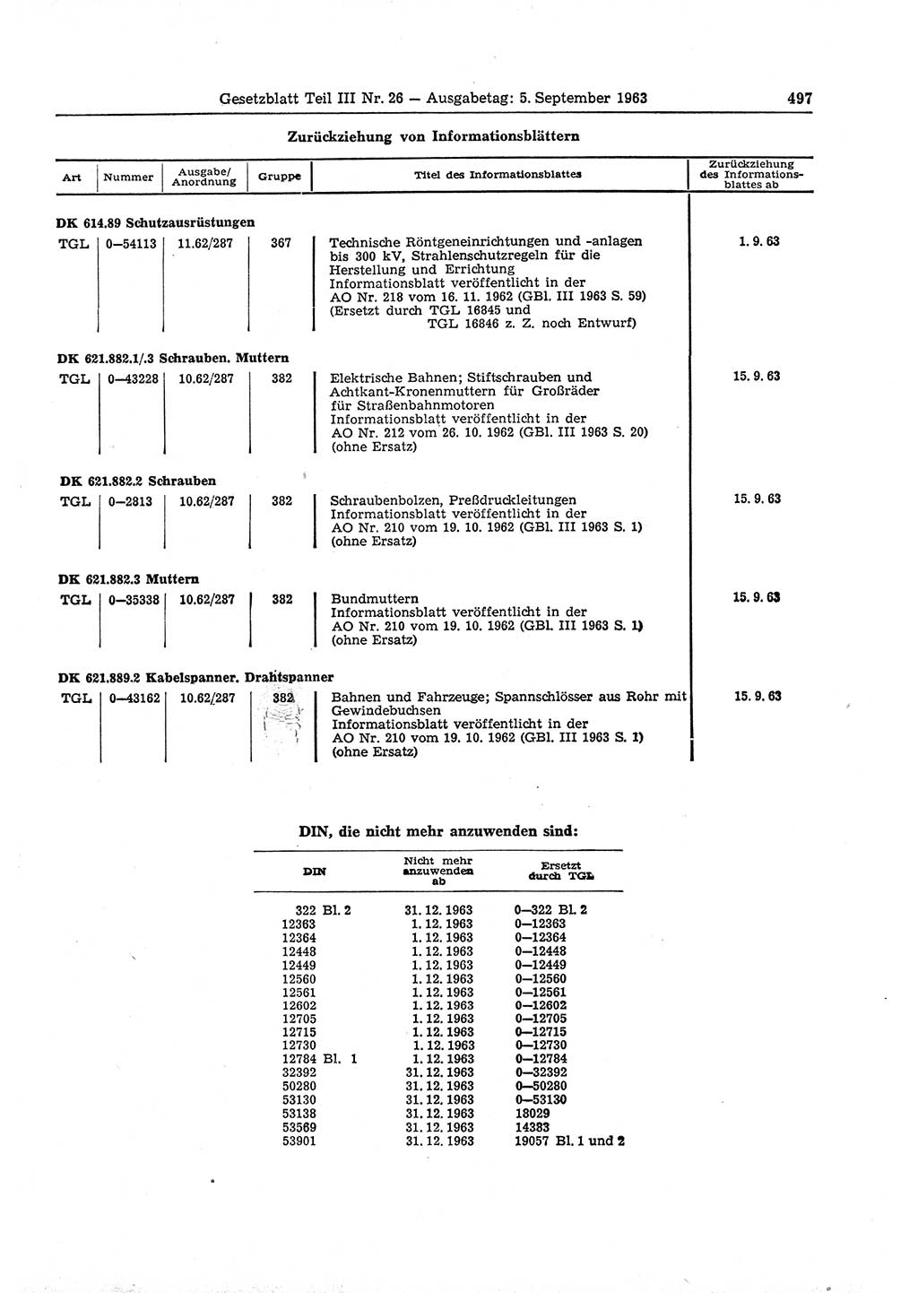 Gesetzblatt (GBl.) der Deutschen Demokratischen Republik (DDR) Teil ⅠⅠⅠ 1963, Seite 497 (GBl. DDR ⅠⅠⅠ 1963, S. 497)