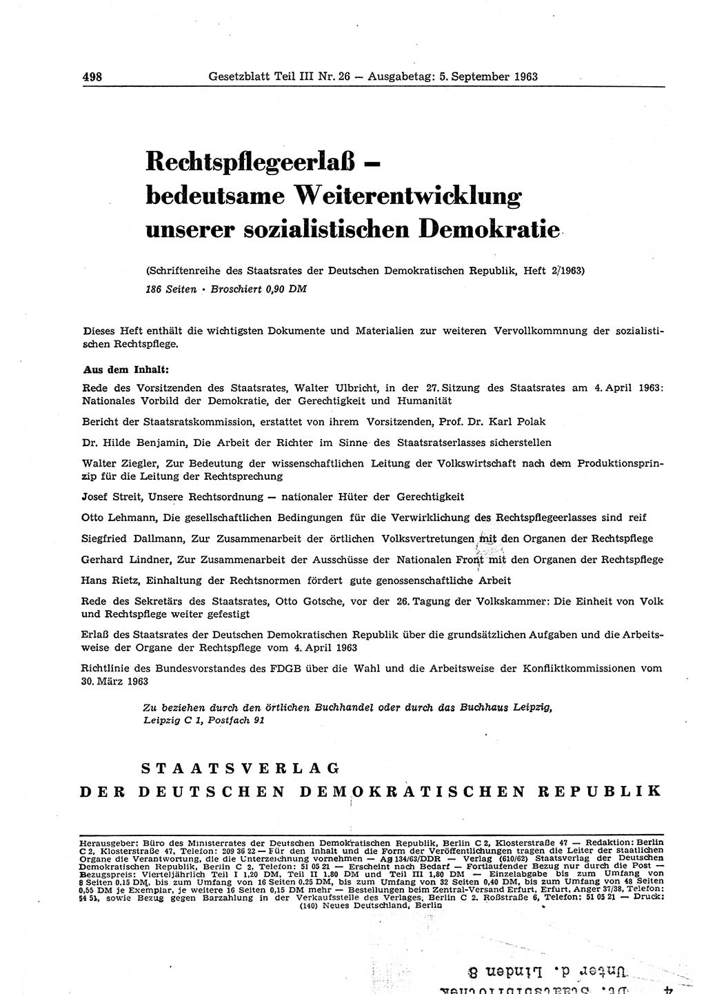 Gesetzblatt (GBl.) der Deutschen Demokratischen Republik (DDR) Teil ⅠⅠⅠ 1963, Seite 498 (GBl. DDR ⅠⅠⅠ 1963, S. 498)