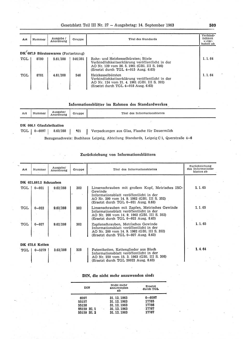 Gesetzblatt (GBl.) der Deutschen Demokratischen Republik (DDR) Teil ⅠⅠⅠ 1963, Seite 509 (GBl. DDR ⅠⅠⅠ 1963, S. 509)