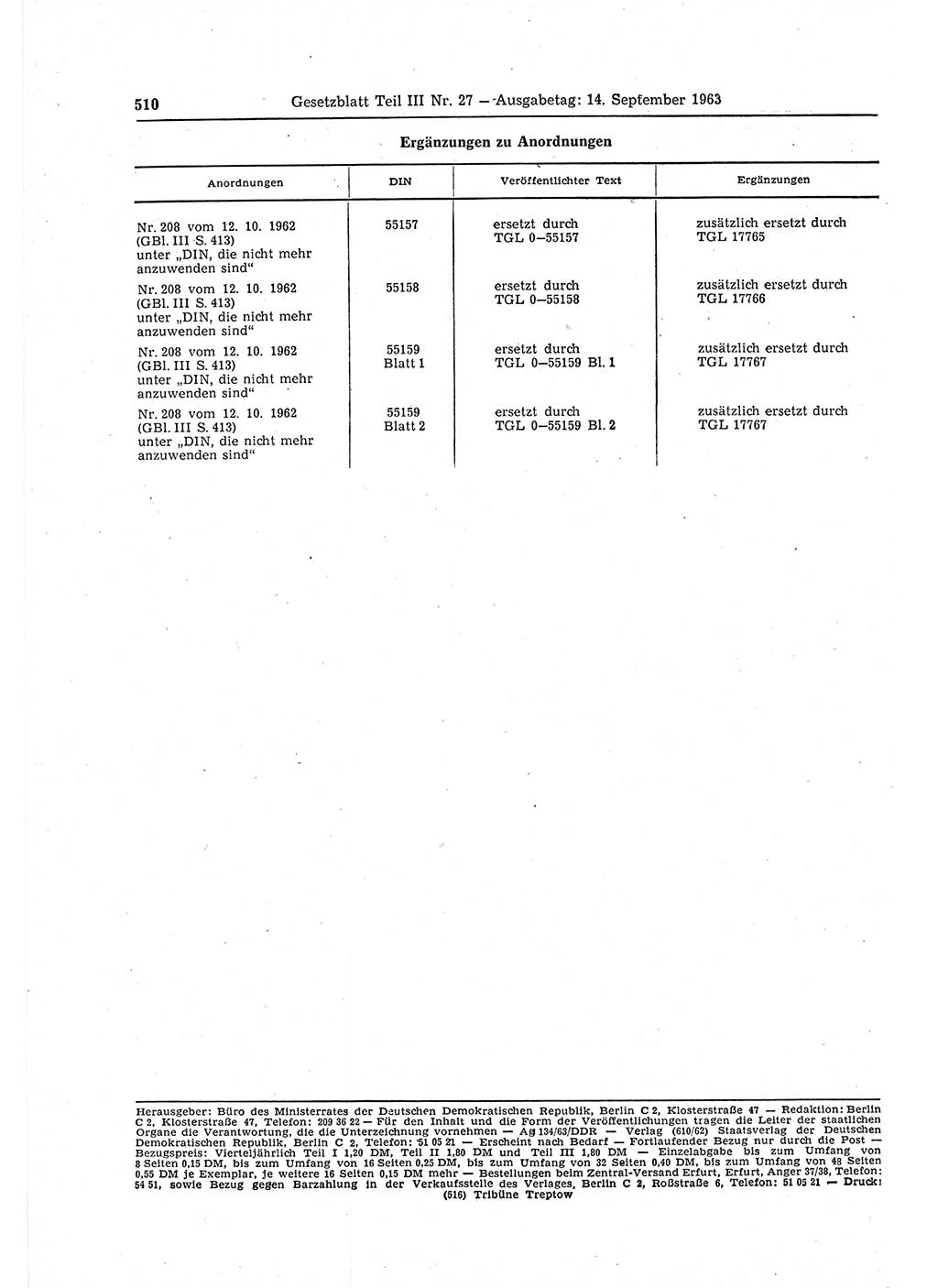 Gesetzblatt (GBl.) der Deutschen Demokratischen Republik (DDR) Teil ⅠⅠⅠ 1963, Seite 510 (GBl. DDR ⅠⅠⅠ 1963, S. 510)