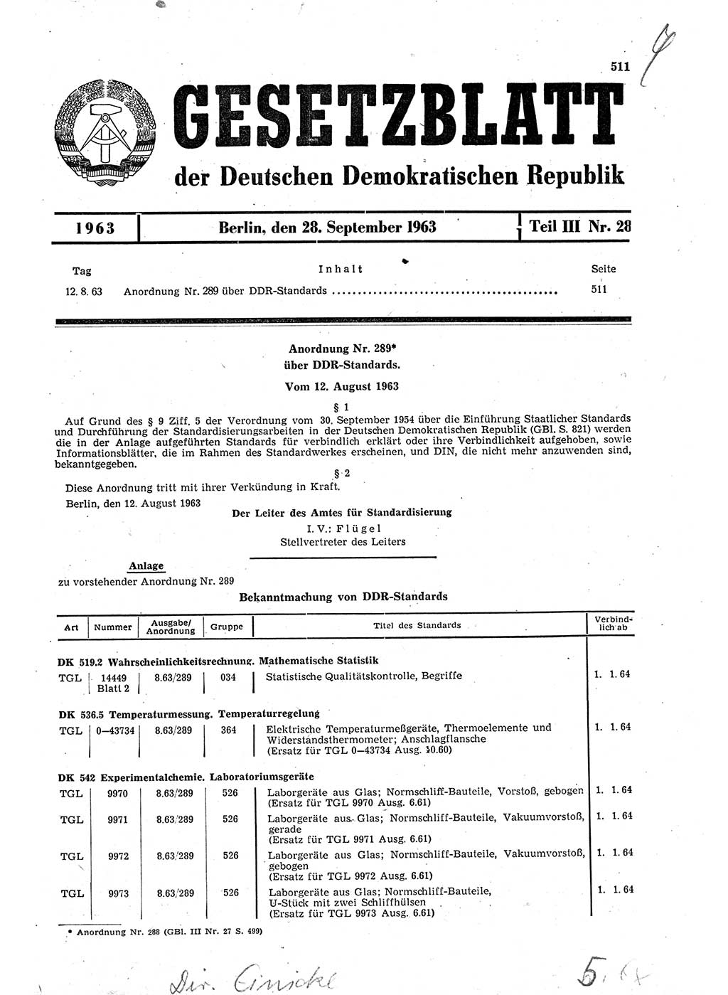Gesetzblatt (GBl.) der Deutschen Demokratischen Republik (DDR) Teil ⅠⅠⅠ 1963, Seite 511 (GBl. DDR ⅠⅠⅠ 1963, S. 511)
