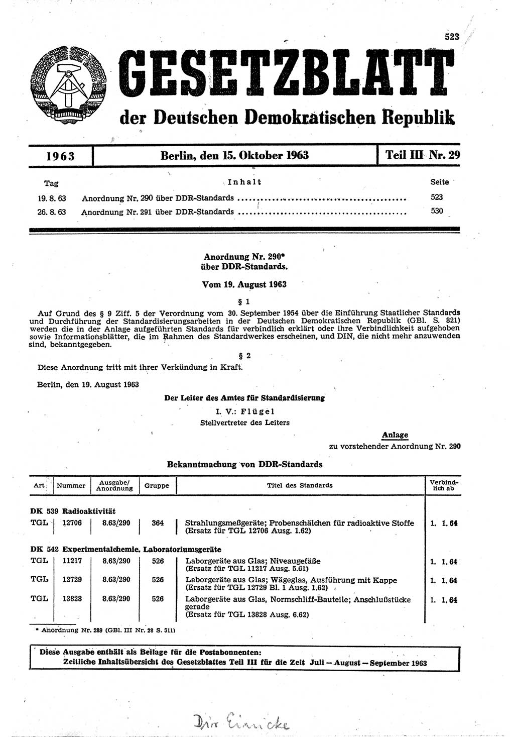 Gesetzblatt (GBl.) der Deutschen Demokratischen Republik (DDR) Teil ⅠⅠⅠ 1963, Seite 523 (GBl. DDR ⅠⅠⅠ 1963, S. 523)