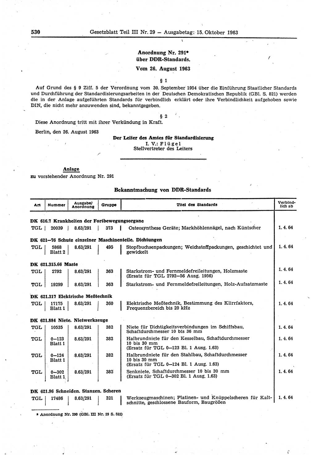 Gesetzblatt (GBl.) der Deutschen Demokratischen Republik (DDR) Teil ⅠⅠⅠ 1963, Seite 530 (GBl. DDR ⅠⅠⅠ 1963, S. 530)