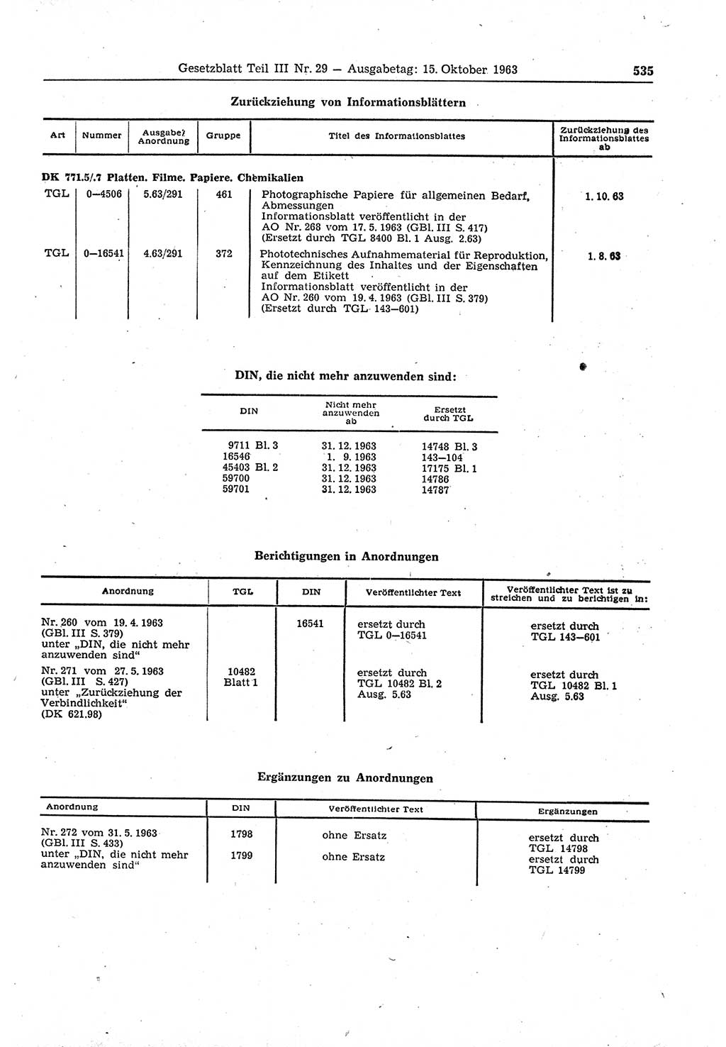 Gesetzblatt (GBl.) der Deutschen Demokratischen Republik (DDR) Teil ⅠⅠⅠ 1963, Seite 535 (GBl. DDR ⅠⅠⅠ 1963, S. 535)