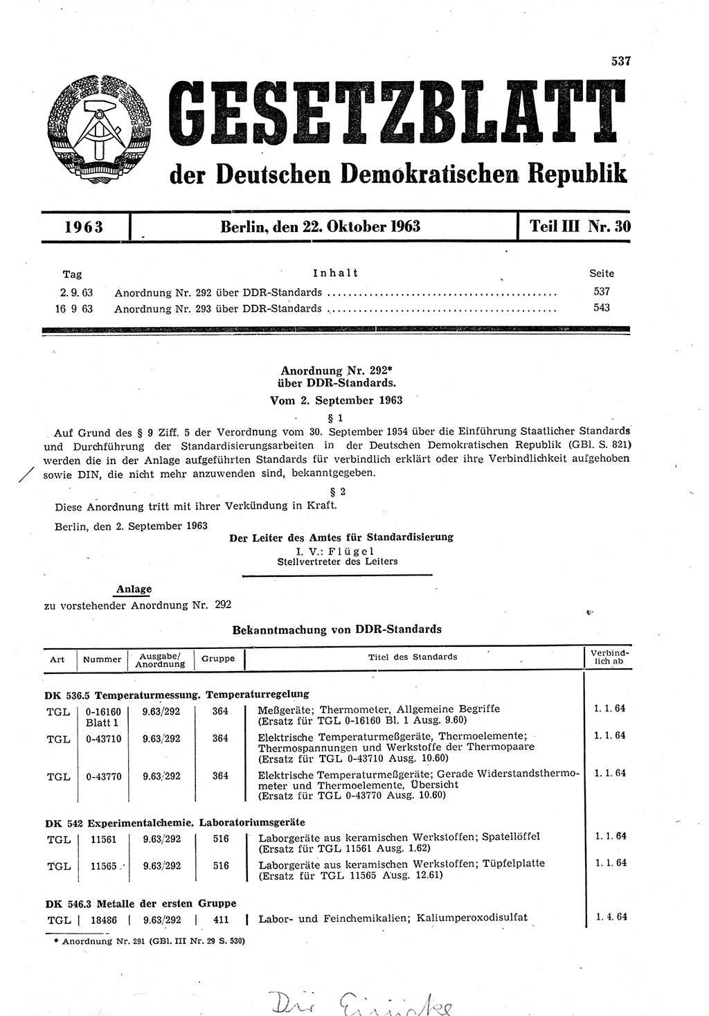 Gesetzblatt (GBl.) der Deutschen Demokratischen Republik (DDR) Teil ⅠⅠⅠ 1963, Seite 537 (GBl. DDR ⅠⅠⅠ 1963, S. 537)