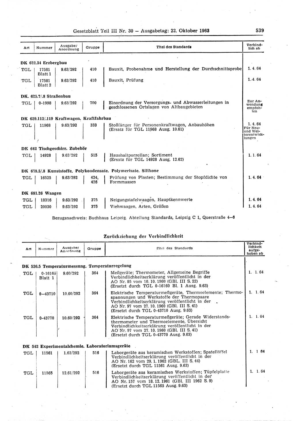 Gesetzblatt (GBl.) der Deutschen Demokratischen Republik (DDR) Teil ⅠⅠⅠ 1963, Seite 539 (GBl. DDR ⅠⅠⅠ 1963, S. 539)