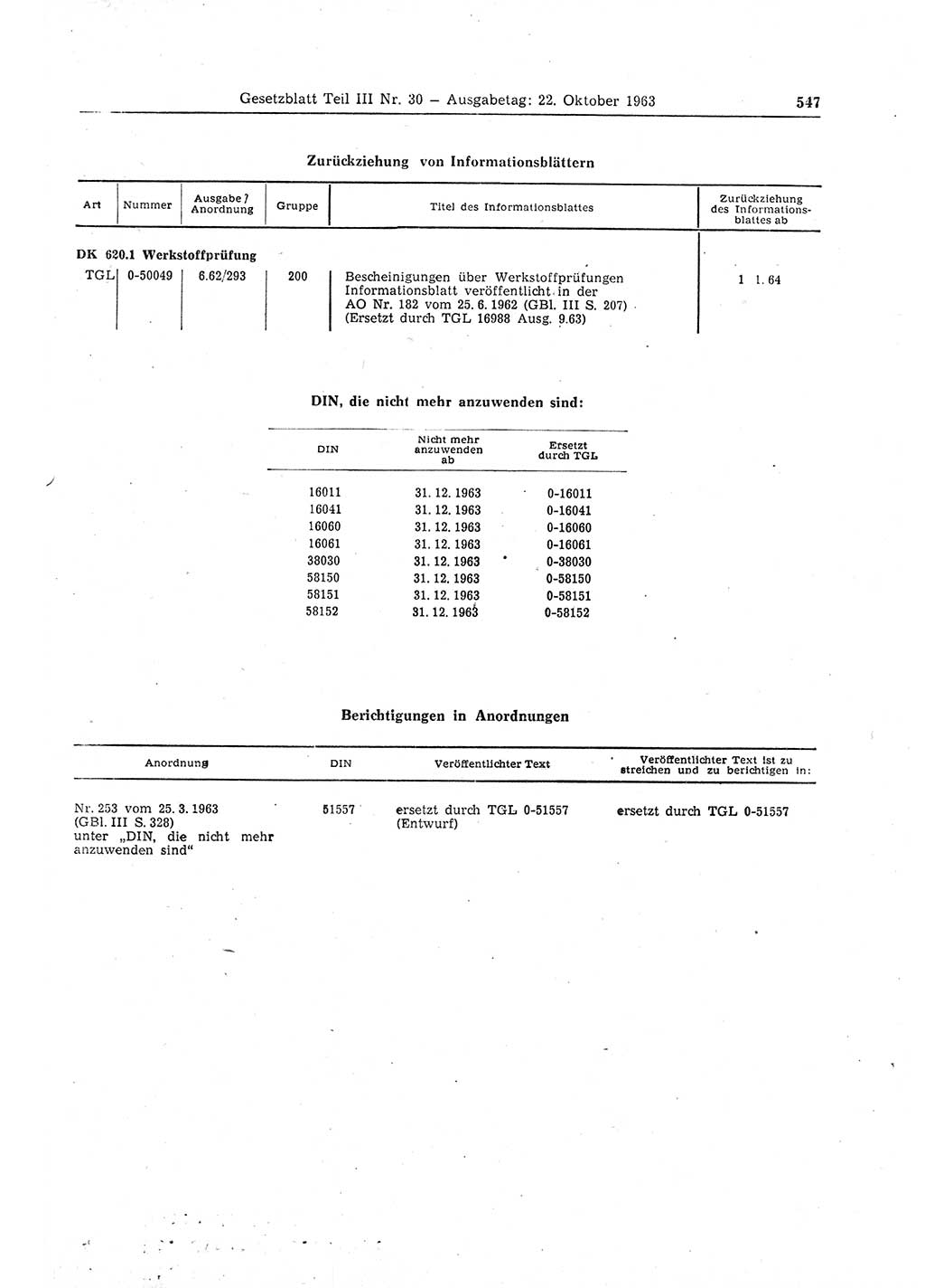 Gesetzblatt (GBl.) der Deutschen Demokratischen Republik (DDR) Teil ⅠⅠⅠ 1963, Seite 547 (GBl. DDR ⅠⅠⅠ 1963, S. 547)