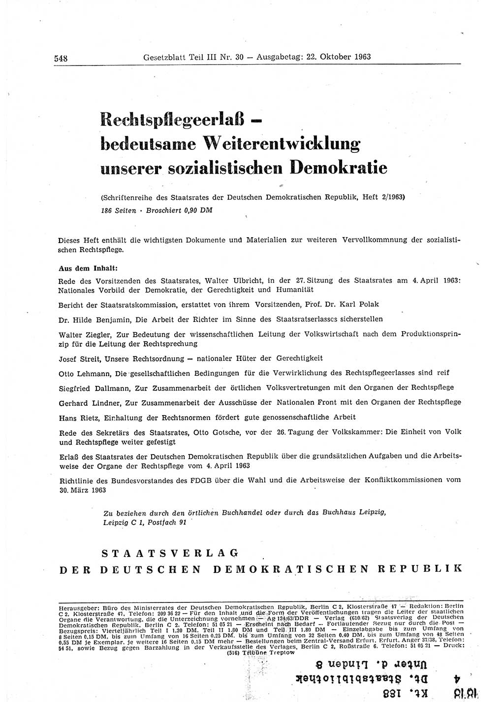 Gesetzblatt (GBl.) der Deutschen Demokratischen Republik (DDR) Teil ⅠⅠⅠ 1963, Seite 548 (GBl. DDR ⅠⅠⅠ 1963, S. 548)