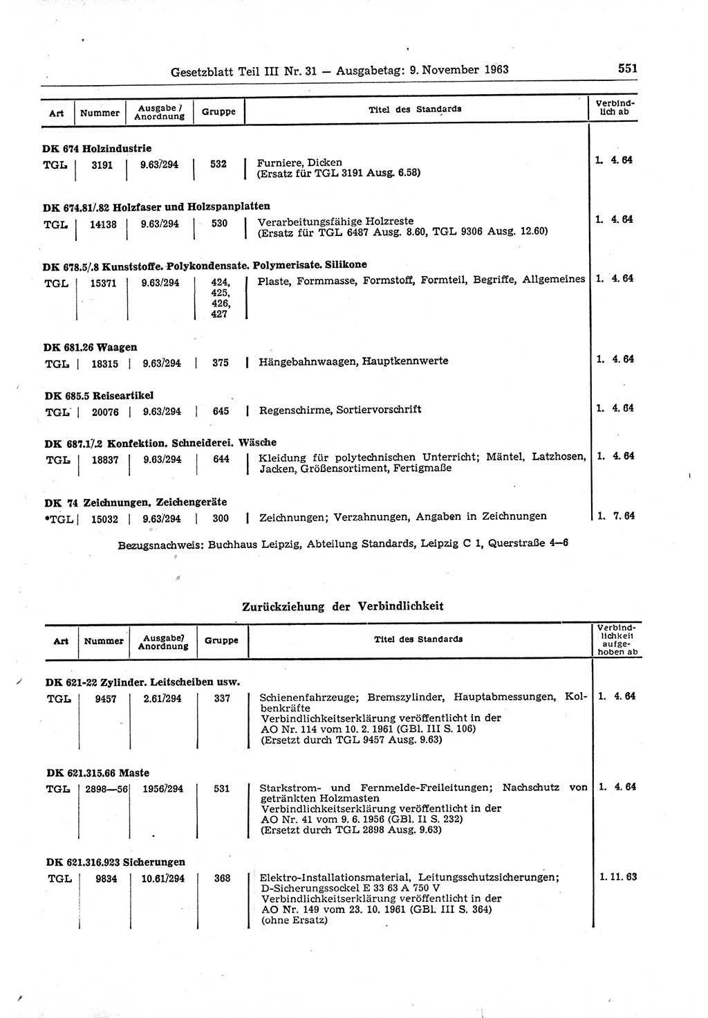 Gesetzblatt (GBl.) der Deutschen Demokratischen Republik (DDR) Teil ⅠⅠⅠ 1963, Seite 551 (GBl. DDR ⅠⅠⅠ 1963, S. 551)