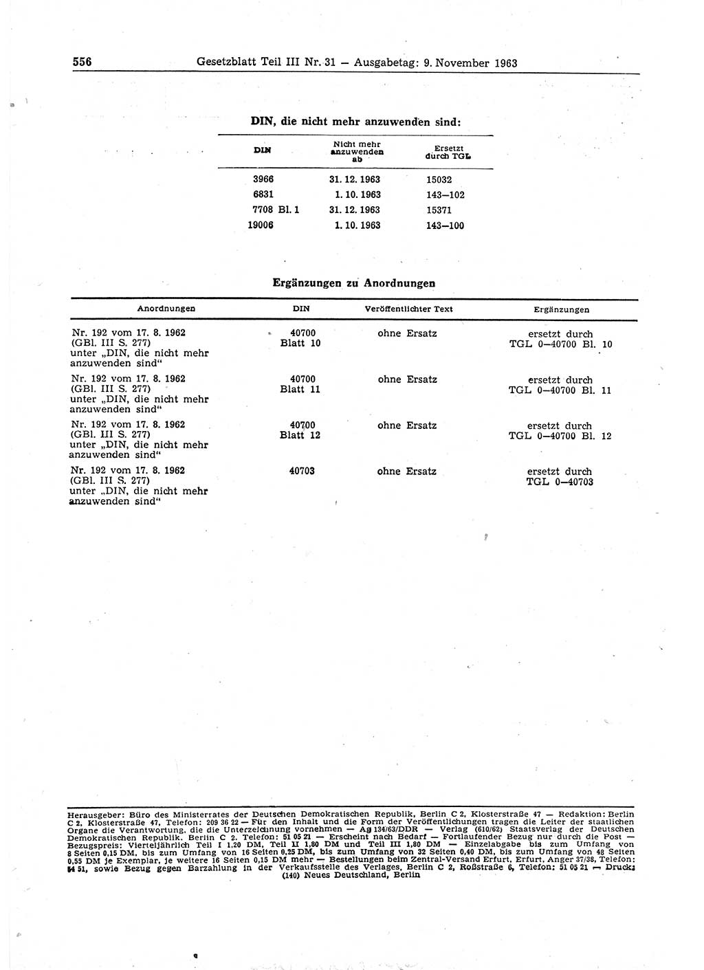 Gesetzblatt (GBl.) der Deutschen Demokratischen Republik (DDR) Teil ⅠⅠⅠ 1963, Seite 556 (GBl. DDR ⅠⅠⅠ 1963, S. 556)