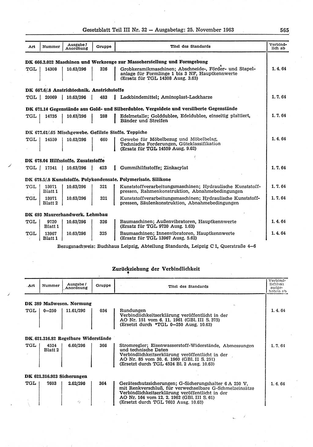 Gesetzblatt (GBl.) der Deutschen Demokratischen Republik (DDR) Teil ⅠⅠⅠ 1963, Seite 565 (GBl. DDR ⅠⅠⅠ 1963, S. 565)