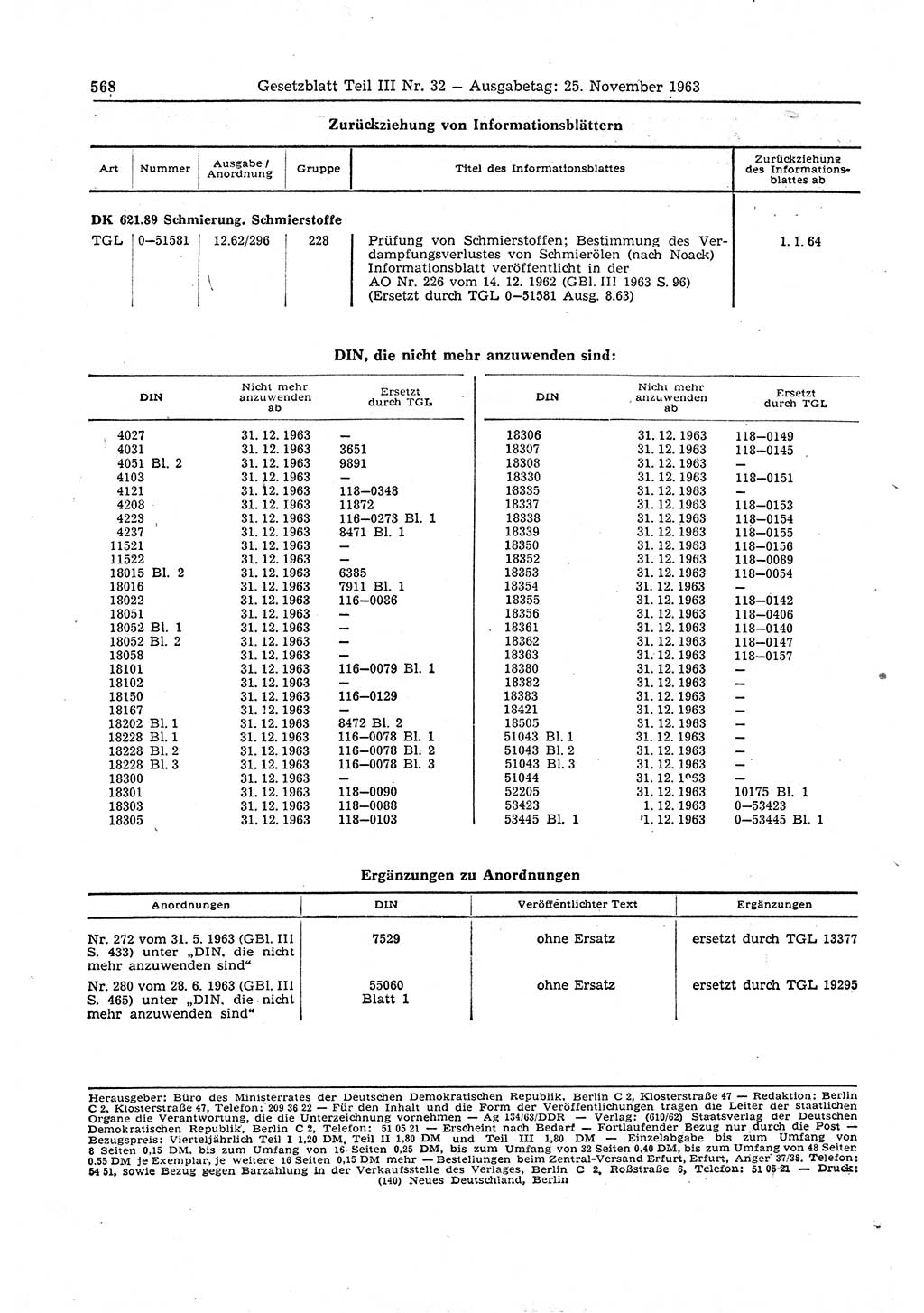 Gesetzblatt (GBl.) der Deutschen Demokratischen Republik (DDR) Teil ⅠⅠⅠ 1963, Seite 568 (GBl. DDR ⅠⅠⅠ 1963, S. 568)