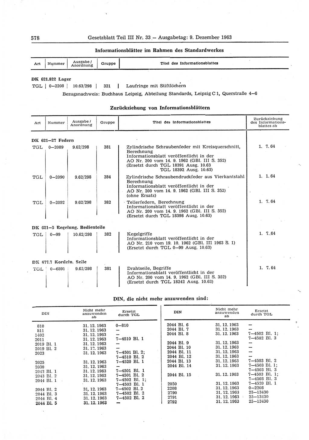 Gesetzblatt (GBl.) der Deutschen Demokratischen Republik (DDR) Teil ⅠⅠⅠ 1963, Seite 578 (GBl. DDR ⅠⅠⅠ 1963, S. 578)