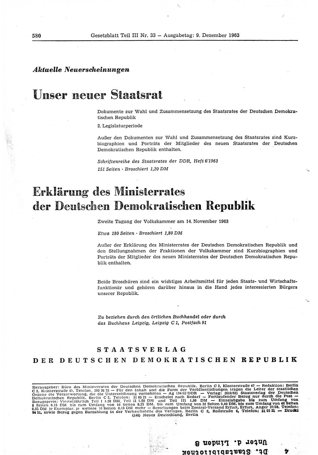 Gesetzblatt (GBl.) der Deutschen Demokratischen Republik (DDR) Teil ⅠⅠⅠ 1963, Seite 580 (GBl. DDR ⅠⅠⅠ 1963, S. 580)