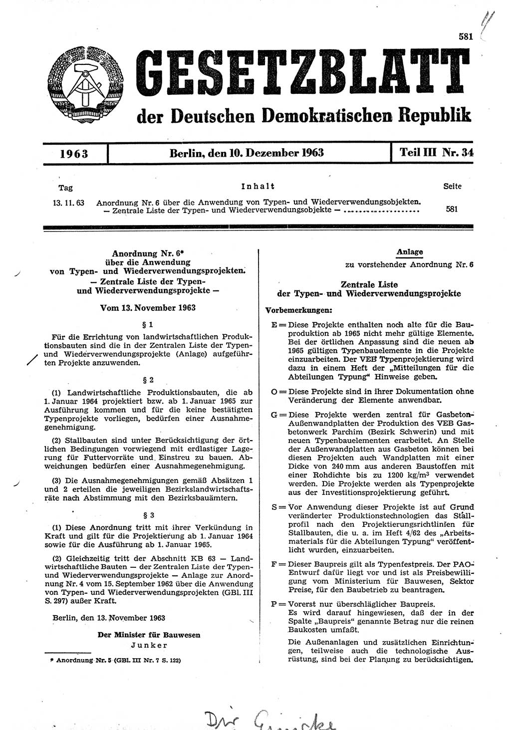 Gesetzblatt (GBl.) der Deutschen Demokratischen Republik (DDR) Teil ⅠⅠⅠ 1963, Seite 581 (GBl. DDR ⅠⅠⅠ 1963, S. 581)
