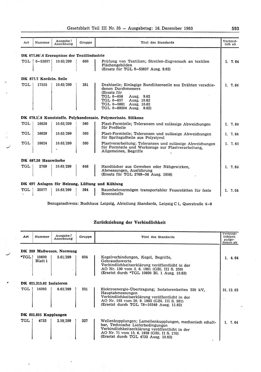 Gesetzblatt (GBl.) der Deutschen Demokratischen Republik (DDR) Teil ⅠⅠⅠ 1963, Seite 593 (GBl. DDR ⅠⅠⅠ 1963, S. 593)