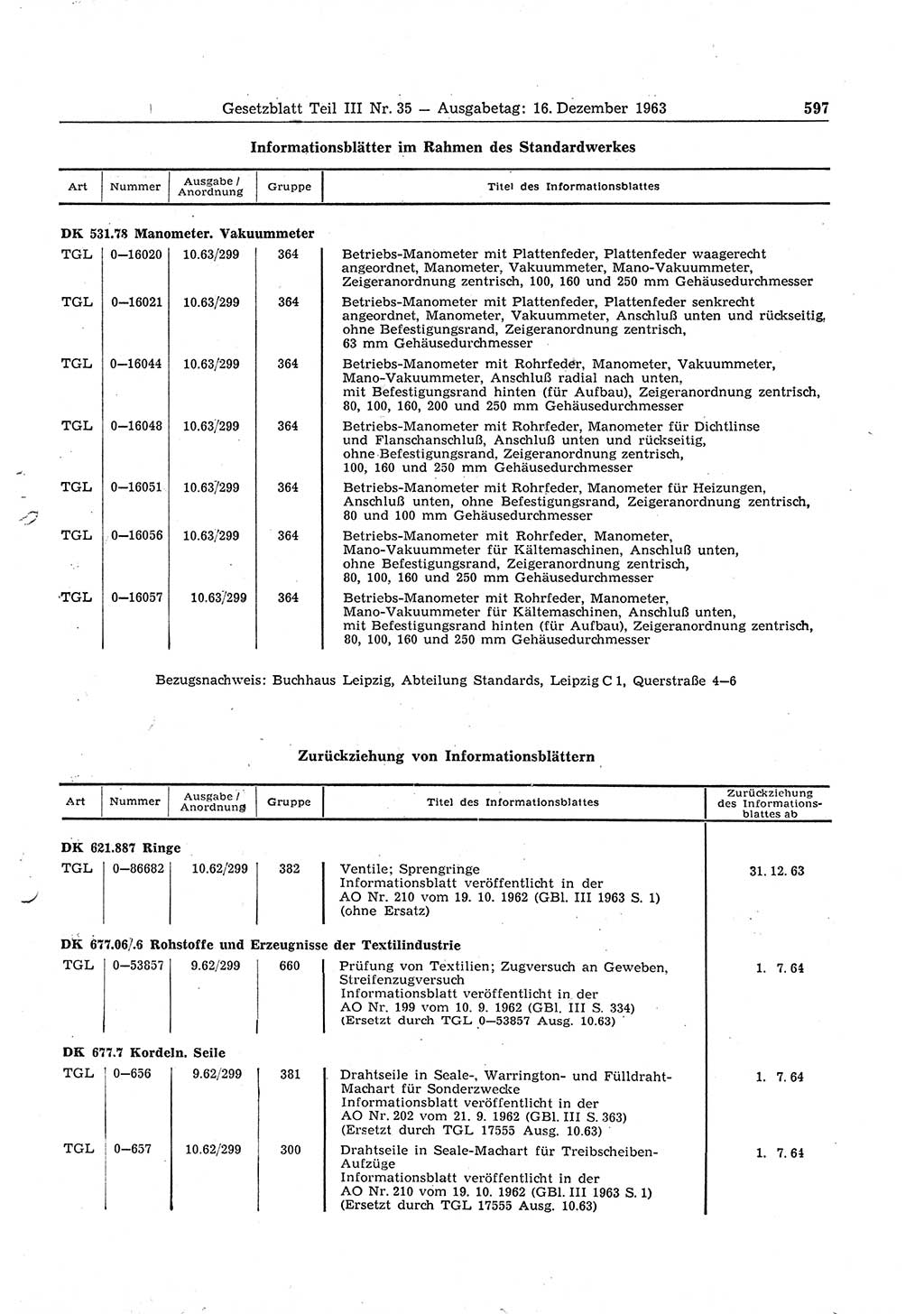 Gesetzblatt (GBl.) der Deutschen Demokratischen Republik (DDR) Teil ⅠⅠⅠ 1963, Seite 597 (GBl. DDR ⅠⅠⅠ 1963, S. 597)