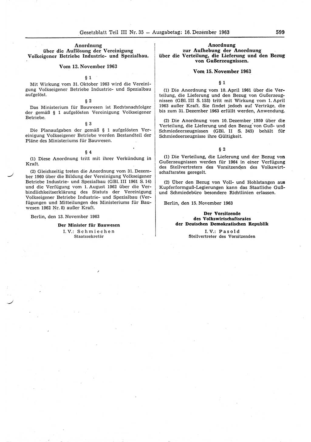 Gesetzblatt (GBl.) der Deutschen Demokratischen Republik (DDR) Teil ⅠⅠⅠ 1963, Seite 599 (GBl. DDR ⅠⅠⅠ 1963, S. 599)