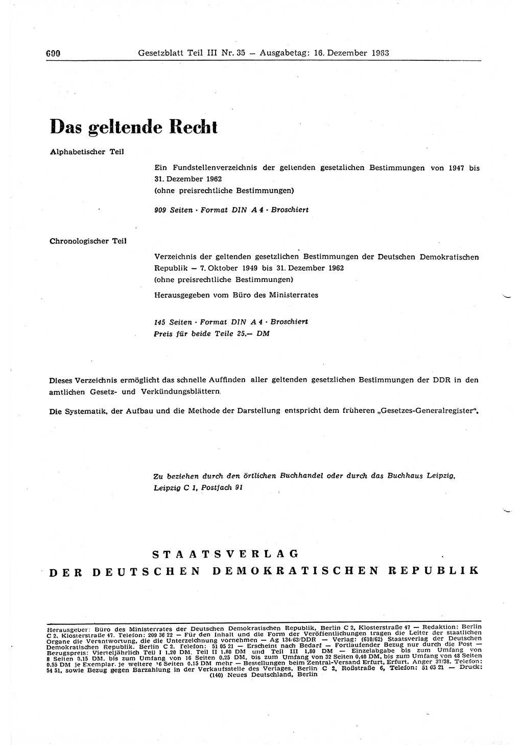 Gesetzblatt (GBl.) der Deutschen Demokratischen Republik (DDR) Teil ⅠⅠⅠ 1963, Seite 600 (GBl. DDR ⅠⅠⅠ 1963, S. 600)