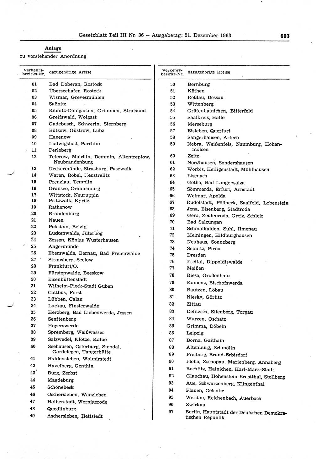 Gesetzblatt (GBl.) der Deutschen Demokratischen Republik (DDR) Teil ⅠⅠⅠ 1963, Seite 603 (GBl. DDR ⅠⅠⅠ 1963, S. 603)