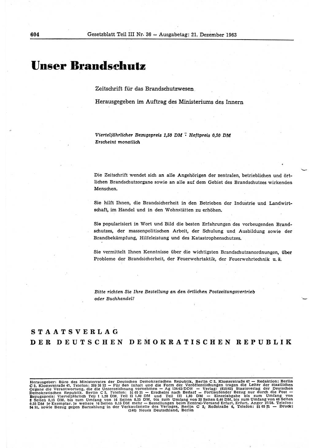 Gesetzblatt (GBl.) der Deutschen Demokratischen Republik (DDR) Teil ⅠⅠⅠ 1963, Seite 604 (GBl. DDR ⅠⅠⅠ 1963, S. 604)
