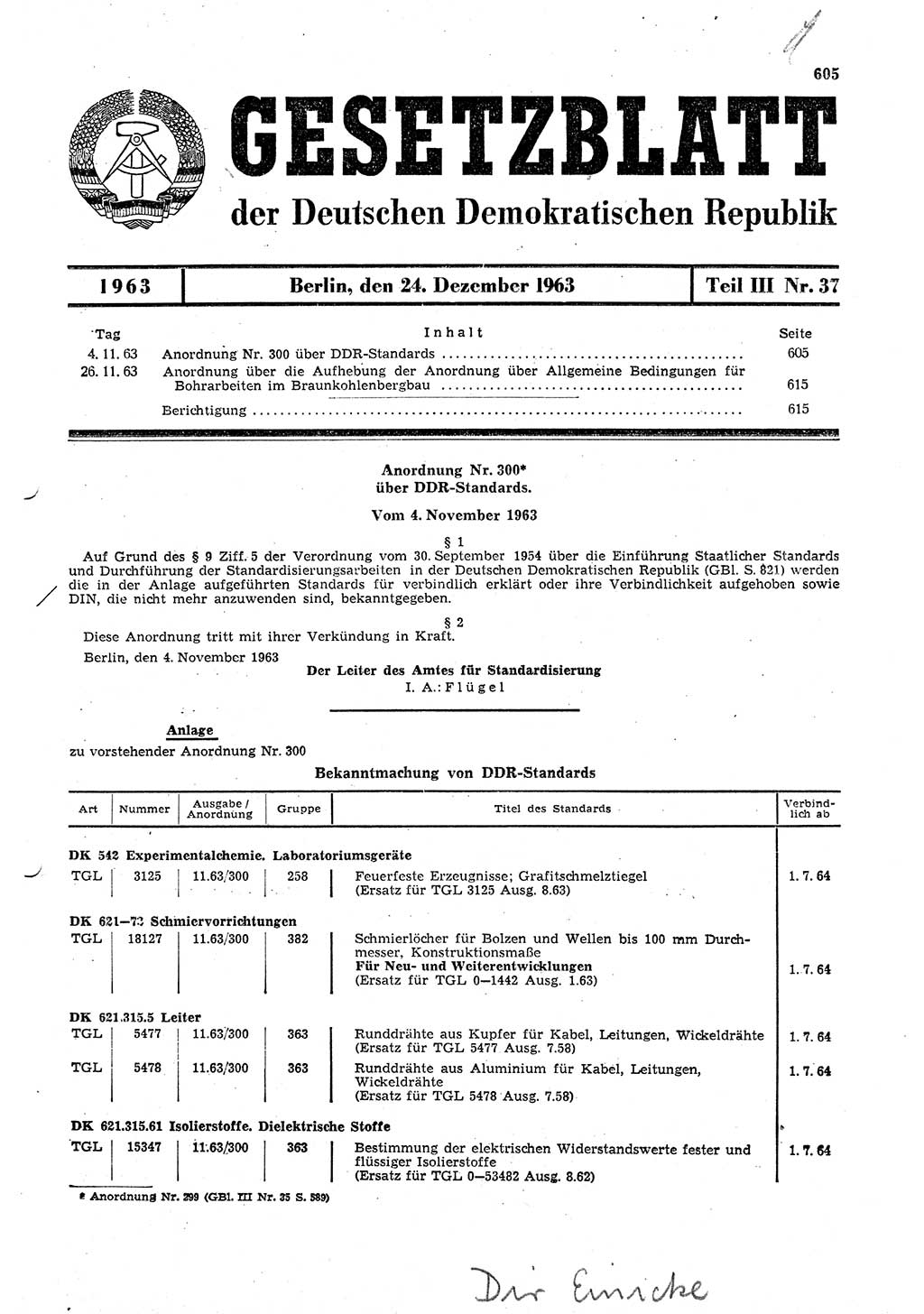 Gesetzblatt (GBl.) der Deutschen Demokratischen Republik (DDR) Teil ⅠⅠⅠ 1963, Seite 605 (GBl. DDR ⅠⅠⅠ 1963, S. 605)