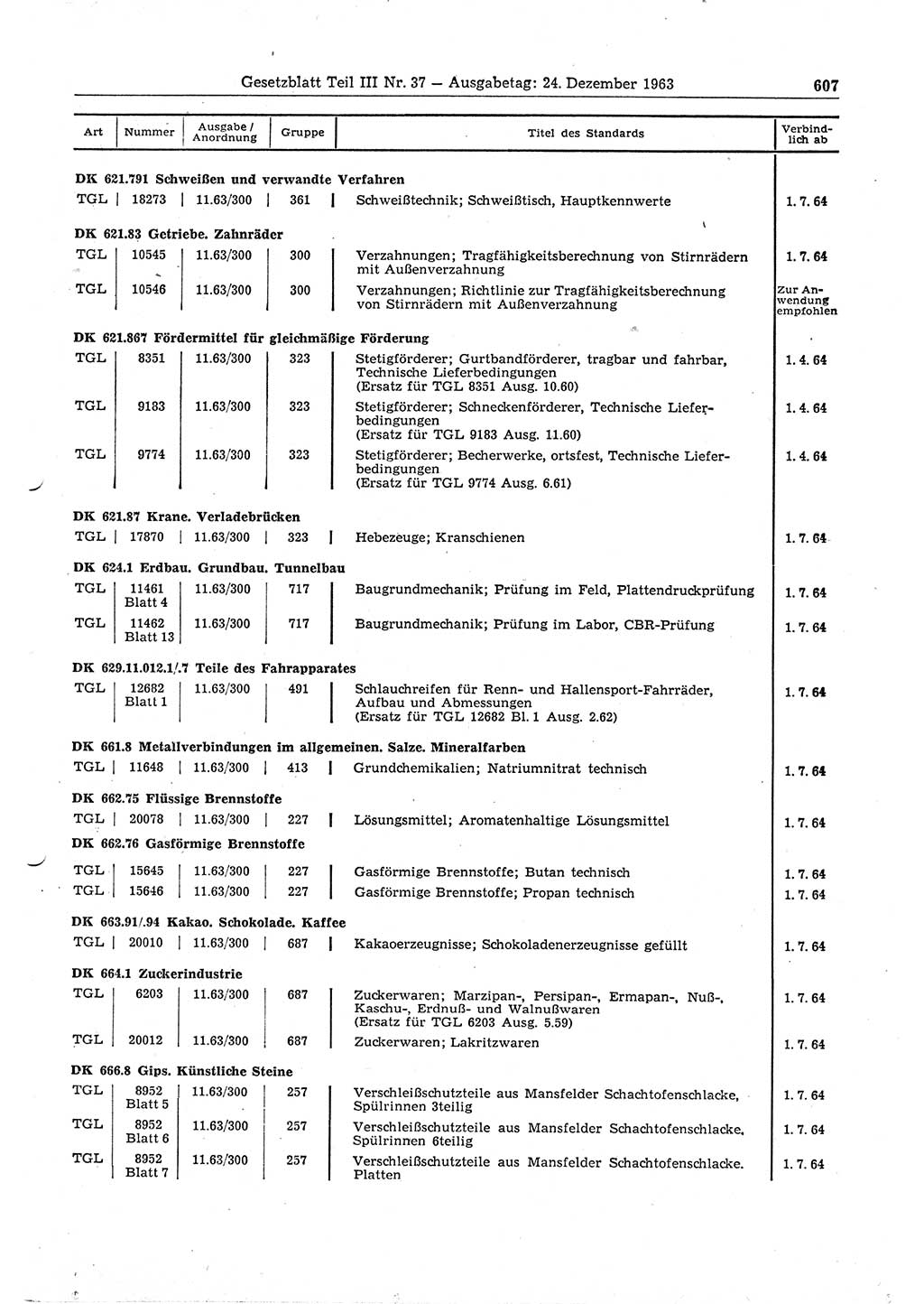 Gesetzblatt (GBl.) der Deutschen Demokratischen Republik (DDR) Teil ⅠⅠⅠ 1963, Seite 607 (GBl. DDR ⅠⅠⅠ 1963, S. 607)